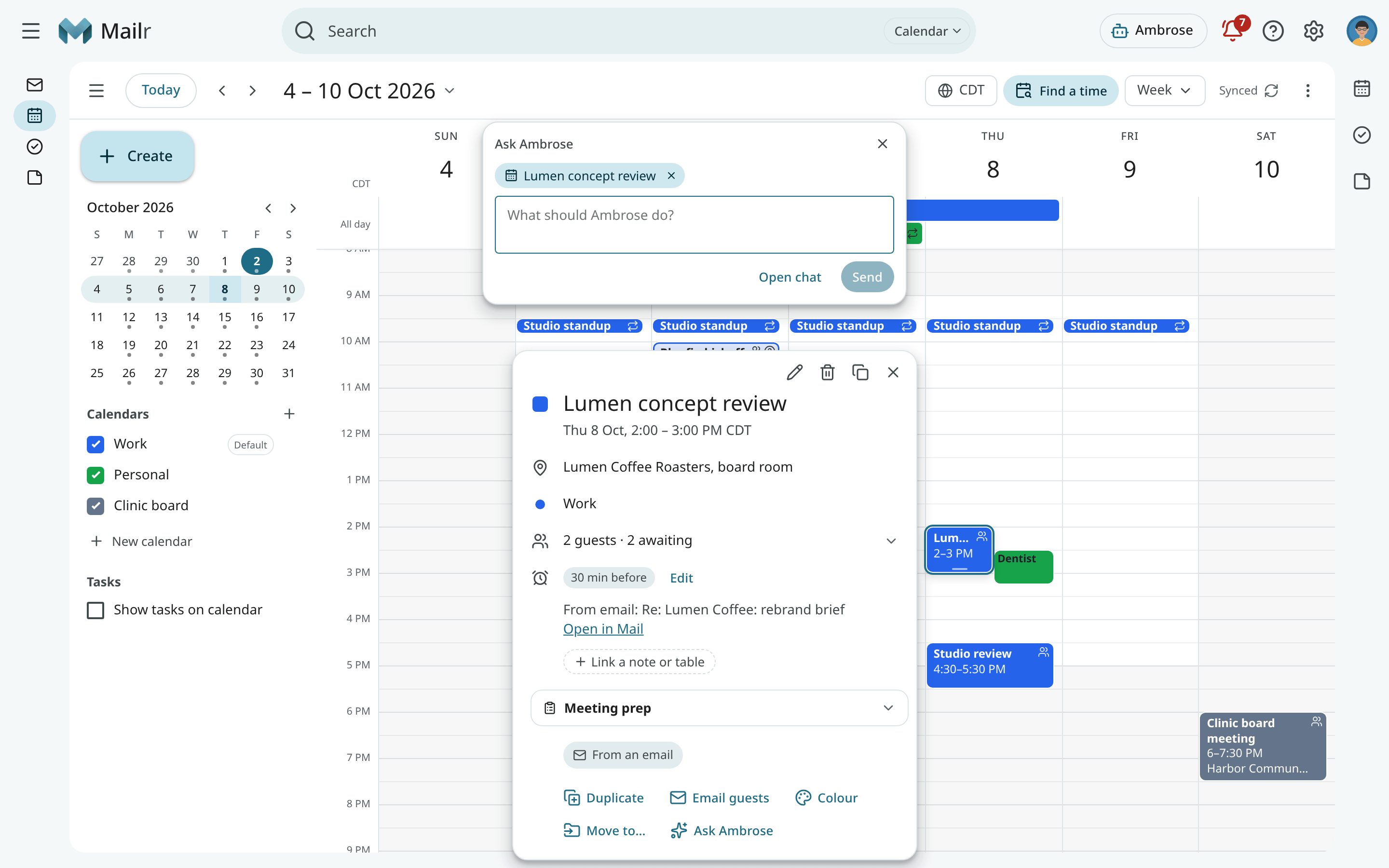 The Ask box opened from a calendar event, with the event attached as a chip