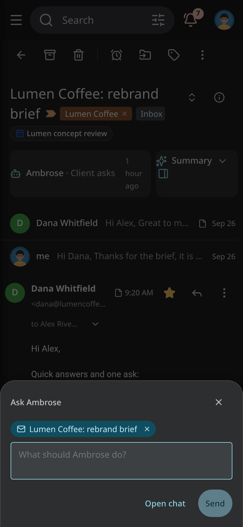 The Ask sheet on a phone-width screen in dark mode, attached to a conversation