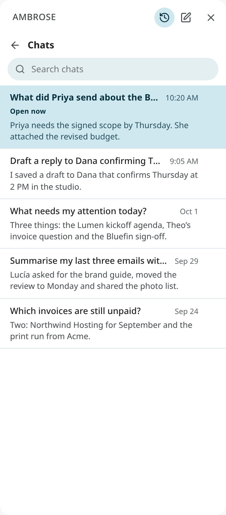 Chats in the Ambrose panel: earlier chats with the start of each answer, the open one marked Open now