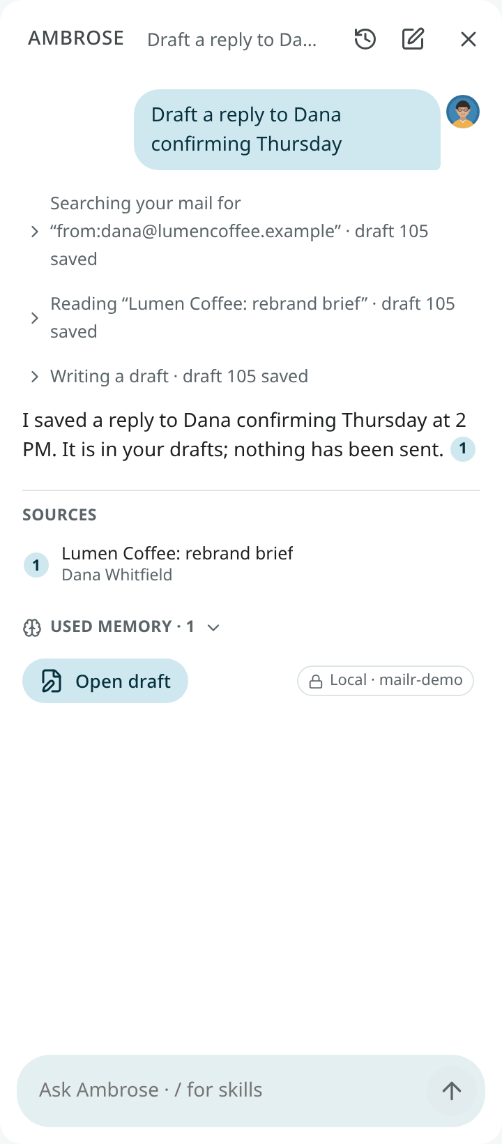 A draft card in the chat, with the reply saved in Drafts