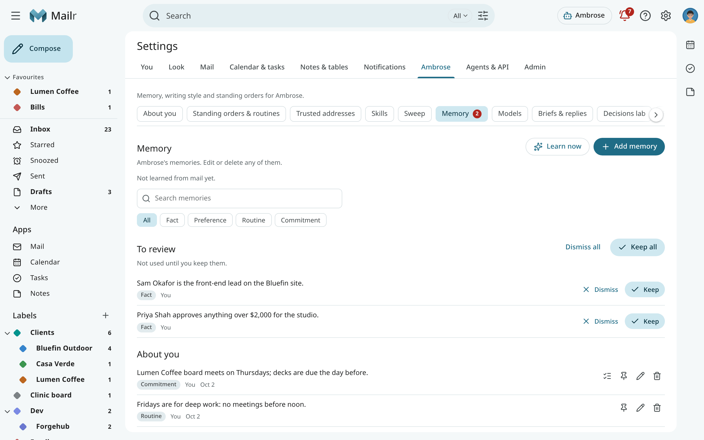 Settings, Ambrose, Memory: To review, About you, People and Topics