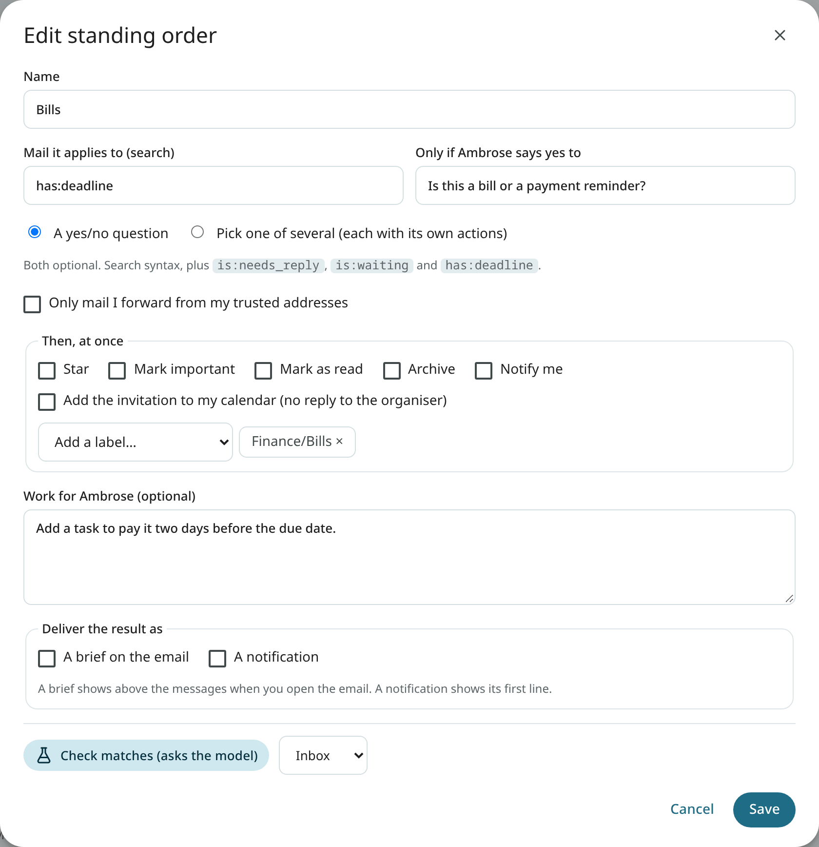 The order editor with a search, a question, instant actions and work for Ambrose