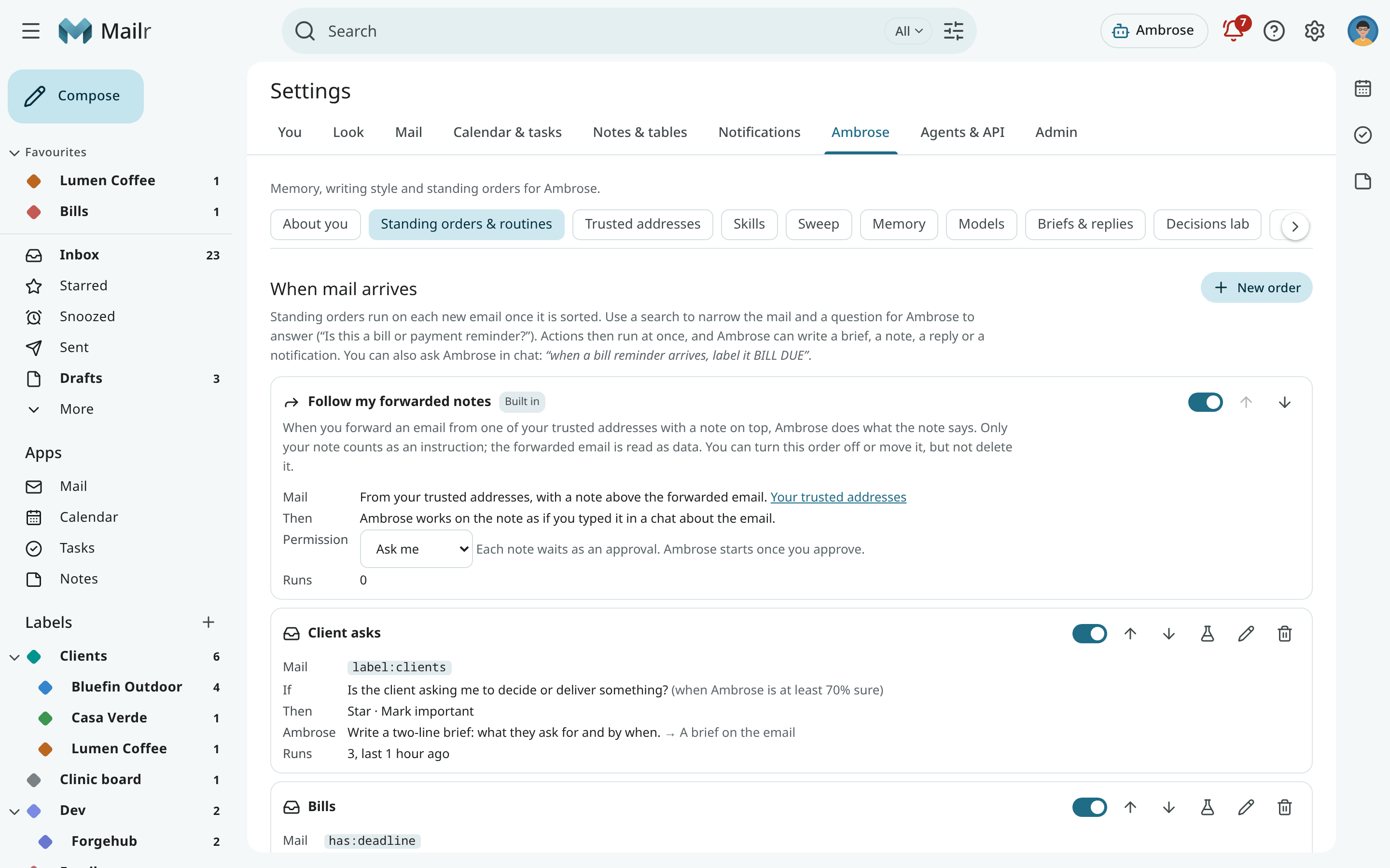 Settings, Standing orders & routines, with message orders, a recording order and routines