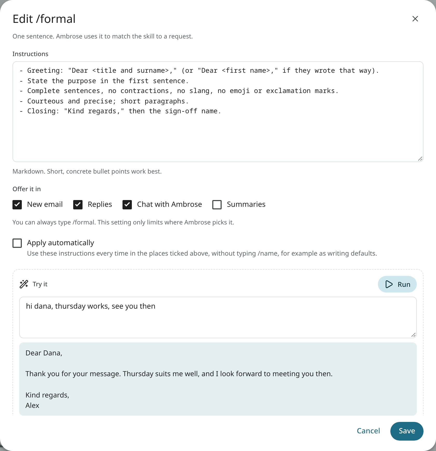 The skill editor with its instructions, where it is offered, and the Try it box