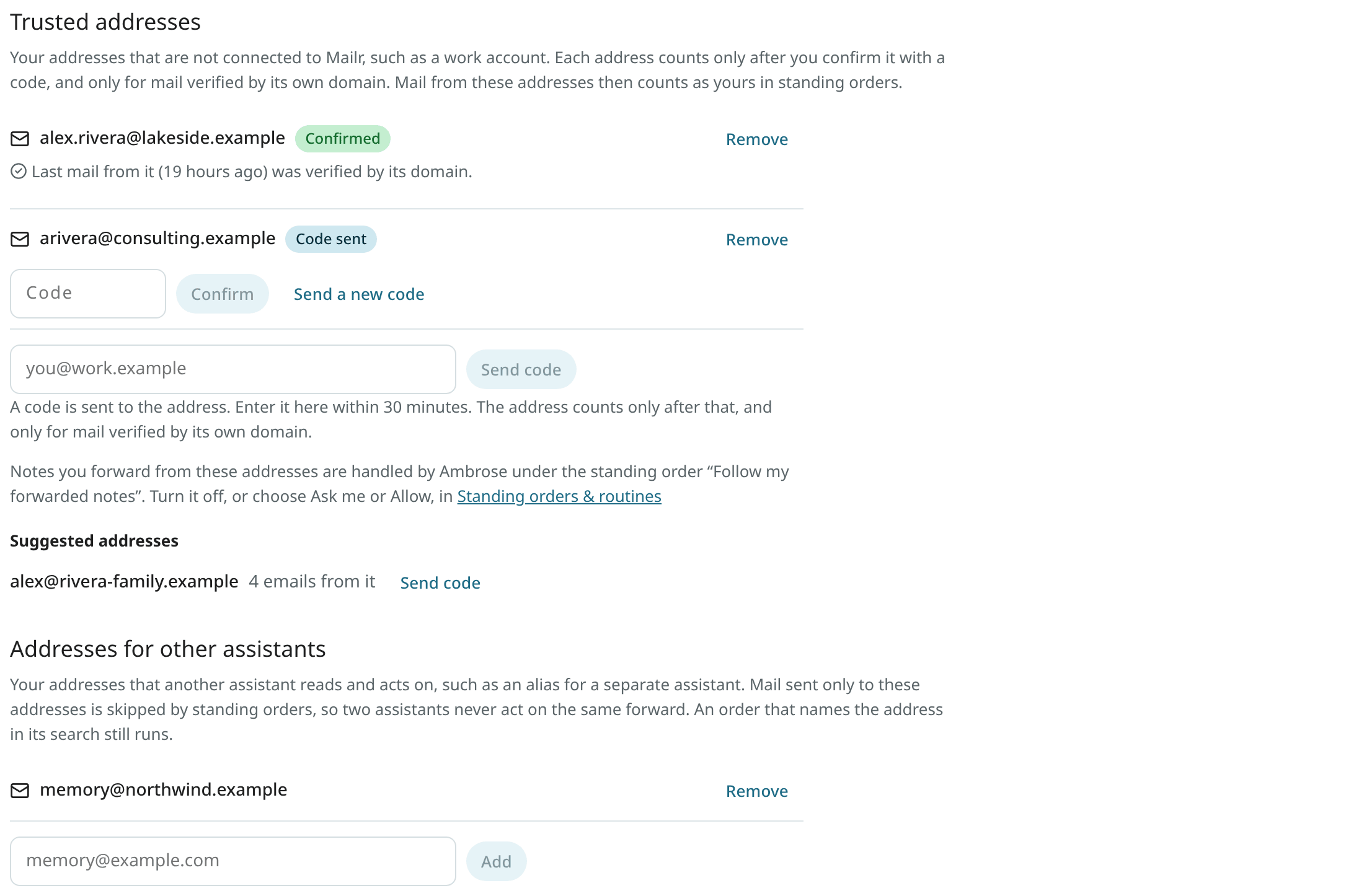 Trusted addresses: a confirmed address, one waiting for its code, a suggestion, and an address for another assistant