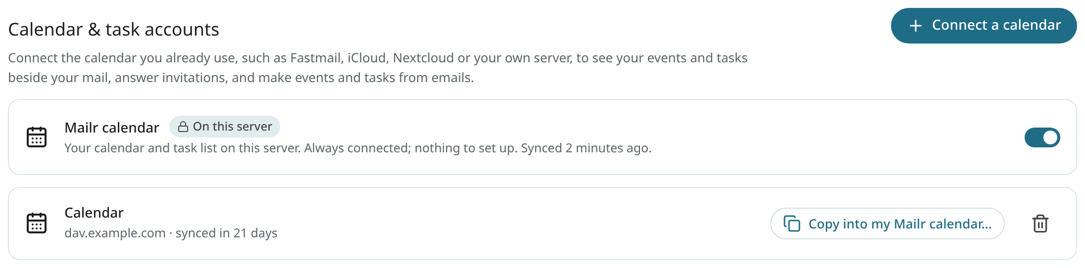 Settings, Calendar & Tasks, with the Mailr calendar