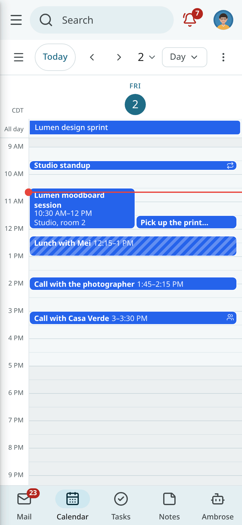 The calendar on a phone-sized browser window, in day view