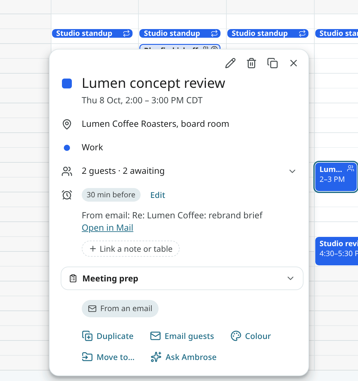 Event details for the Lumen moodboard session