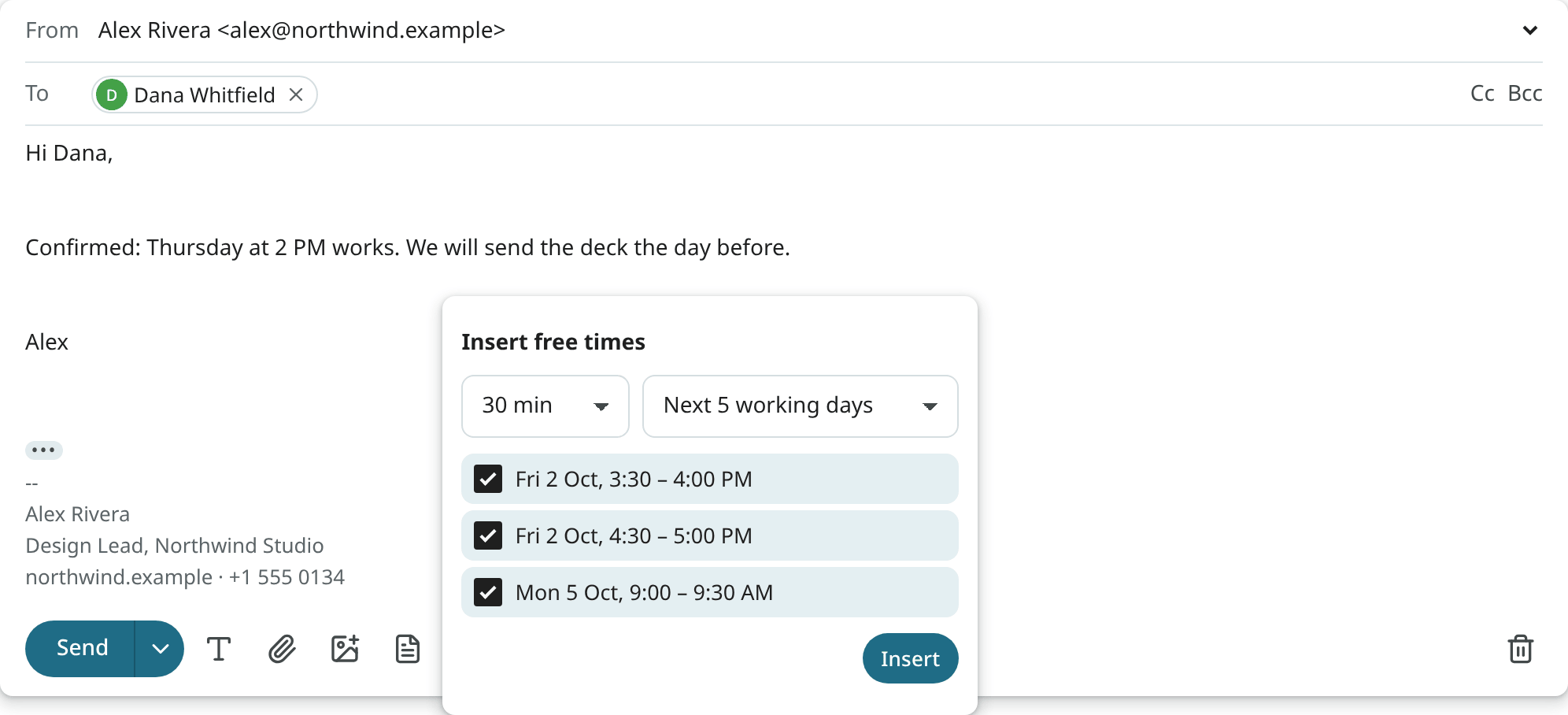 Insert times in the compose toolbar