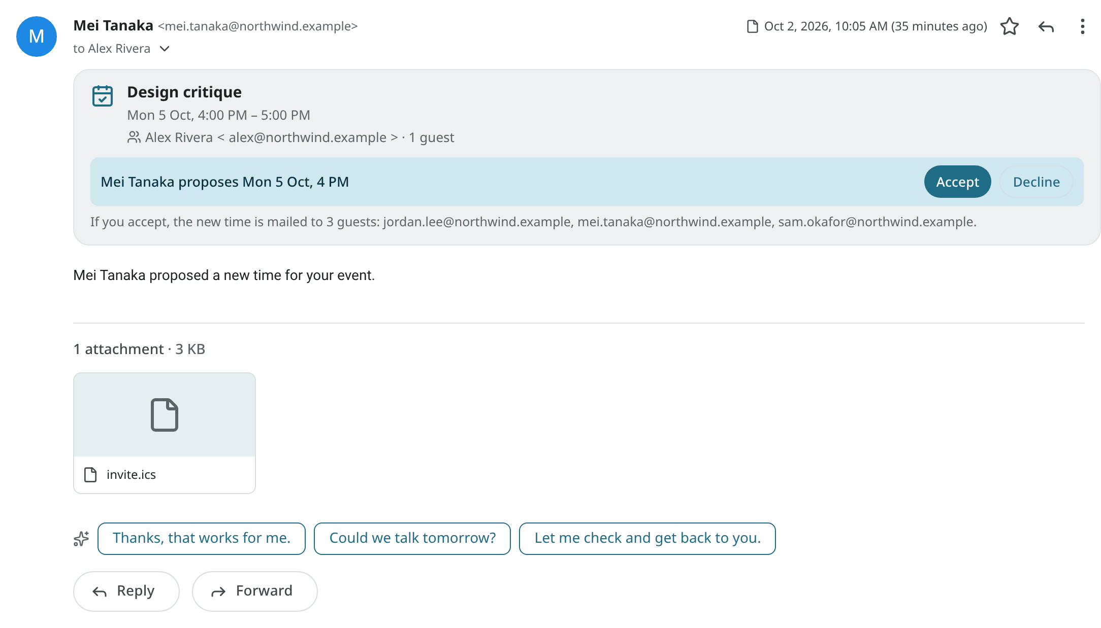 A guest's proposed new time, with Accept and Decline