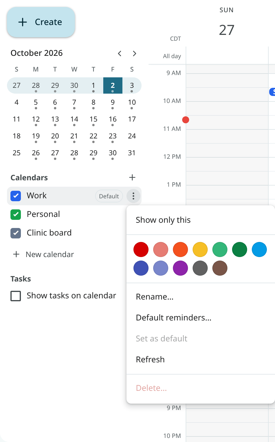 The options menu of a calendar in the left column
