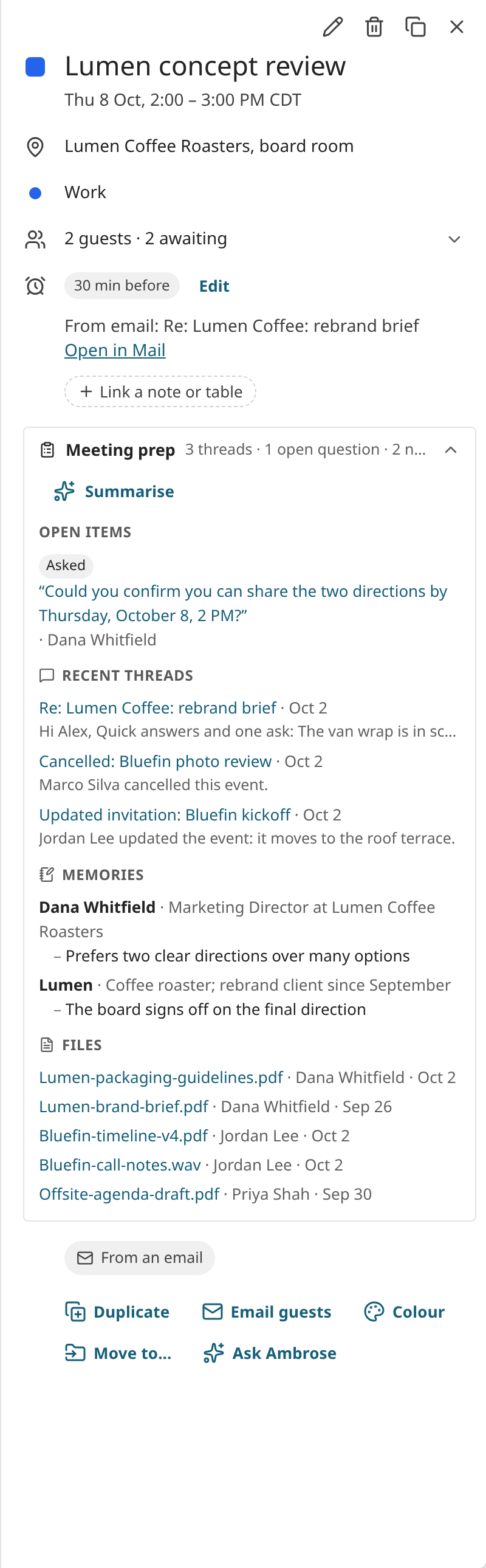Event details with the meeting prep open