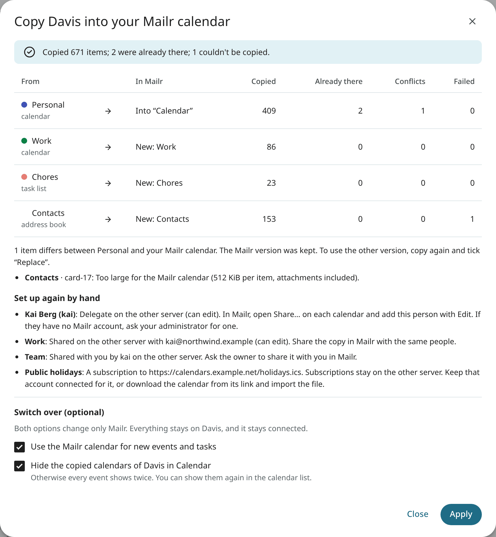 The report after the copy, with the Switch over choices