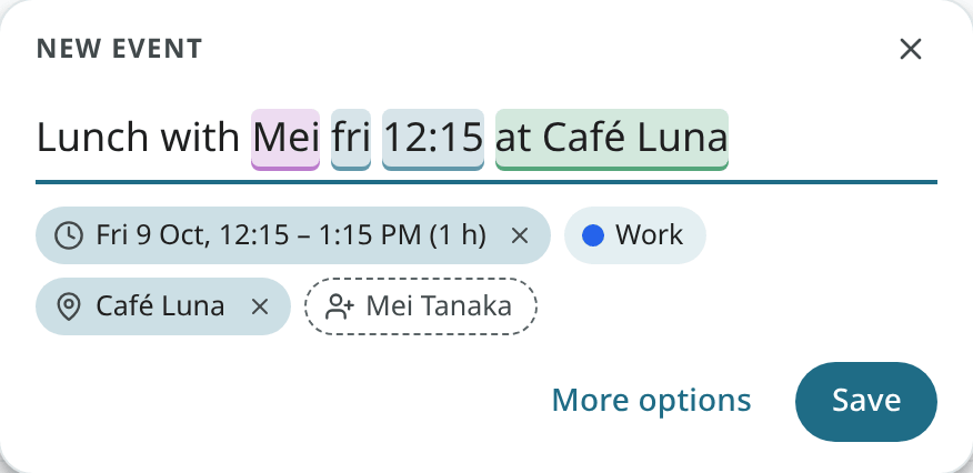 Quick create reading "Lunch with Mei fri 12:15 at Café Luna"