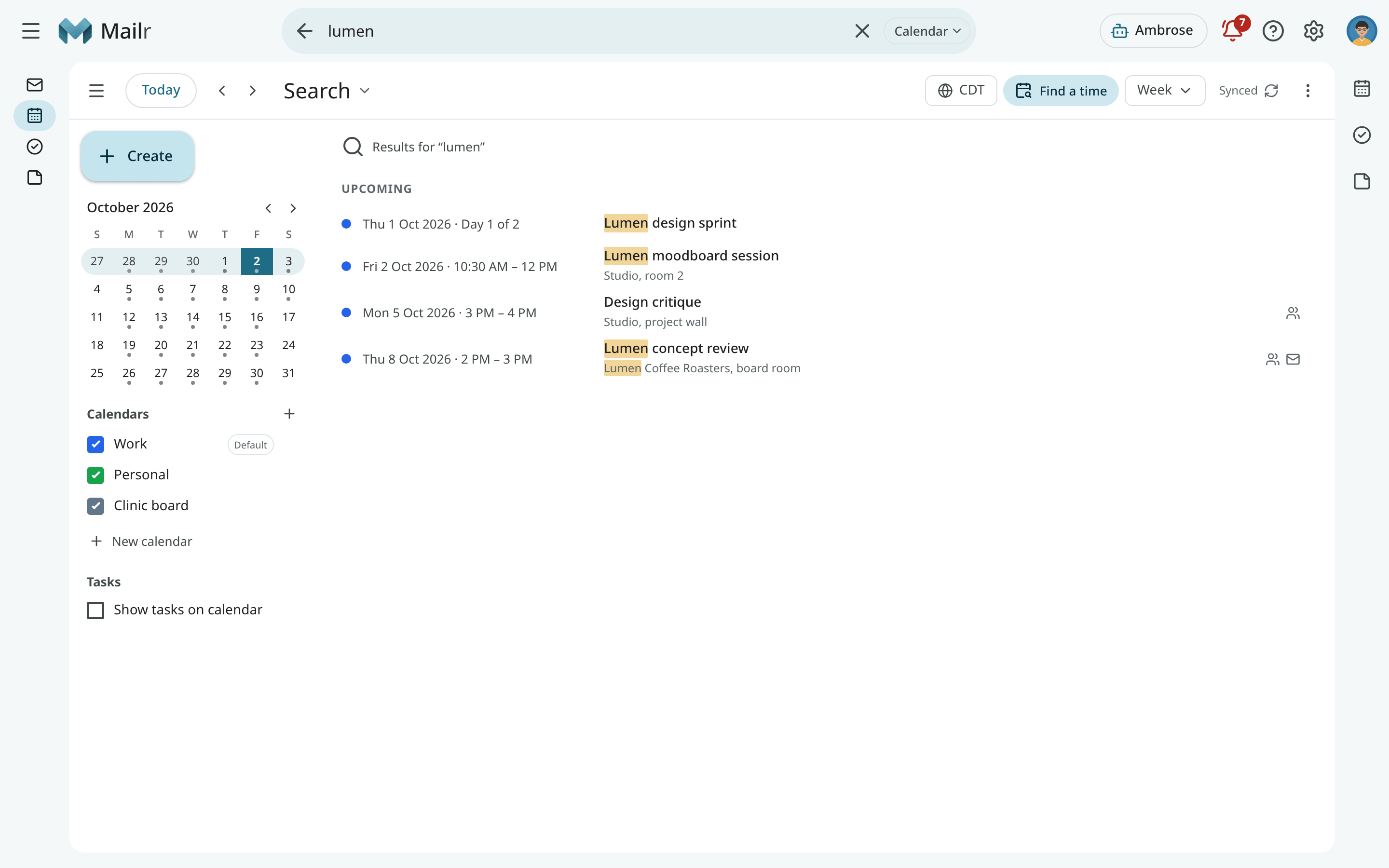 Calendar search results