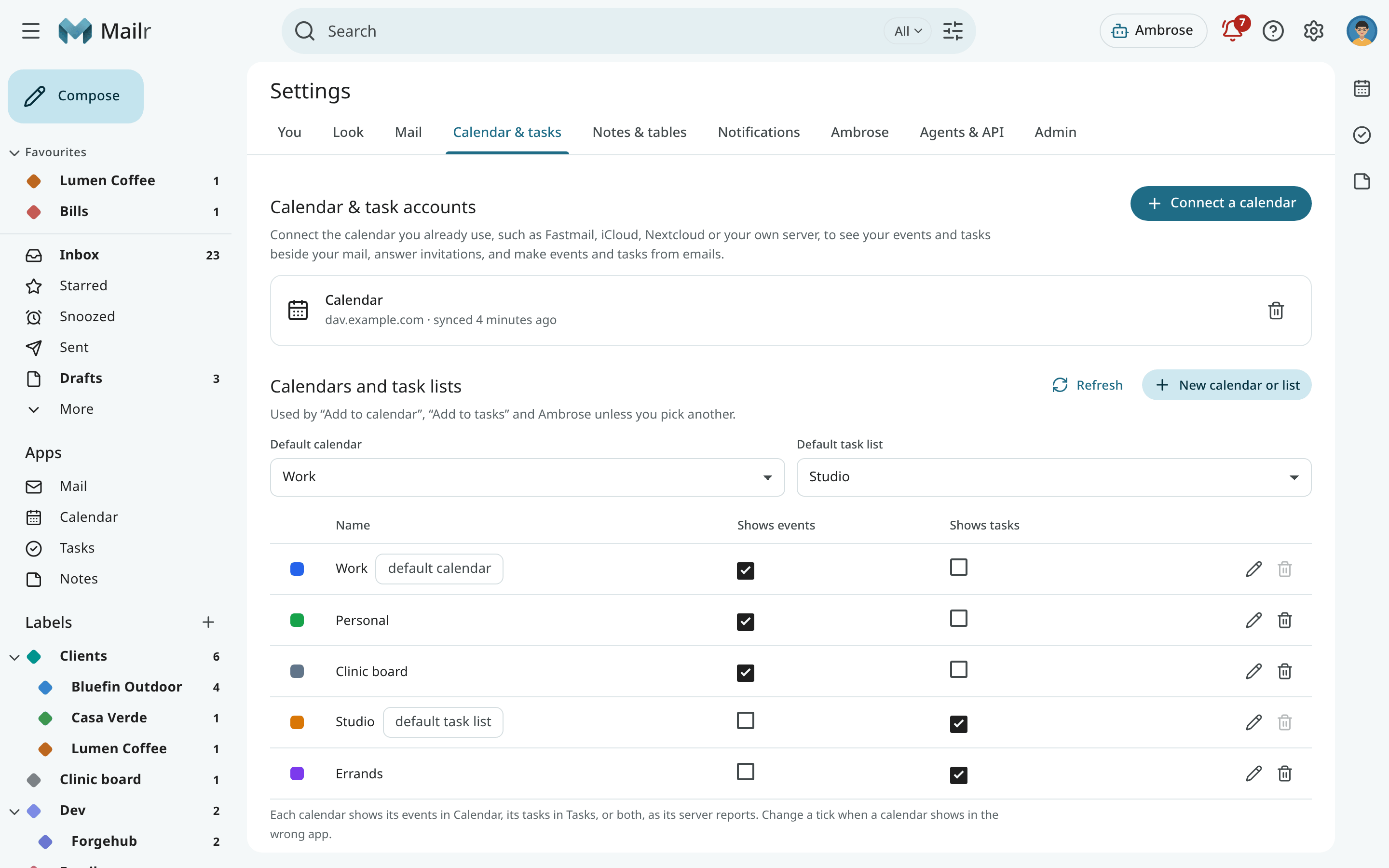 Settings, Calendar & Tasks, with a connected account and its calendars