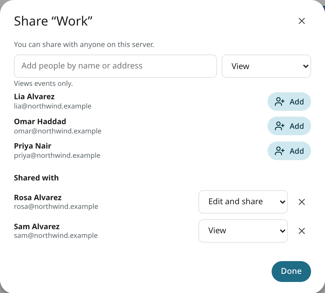 The Share dialog with two people and three more to add