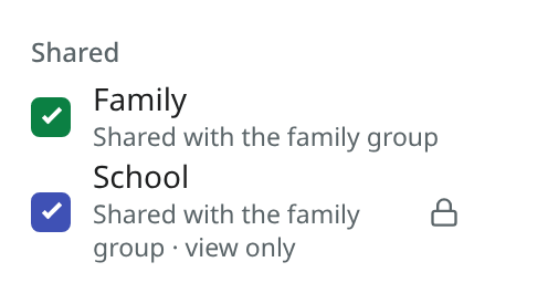 The calendar list with a Shared heading and two group calendars