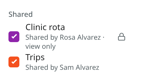 The Shared heading with a calendar to view and a calendar to edit
