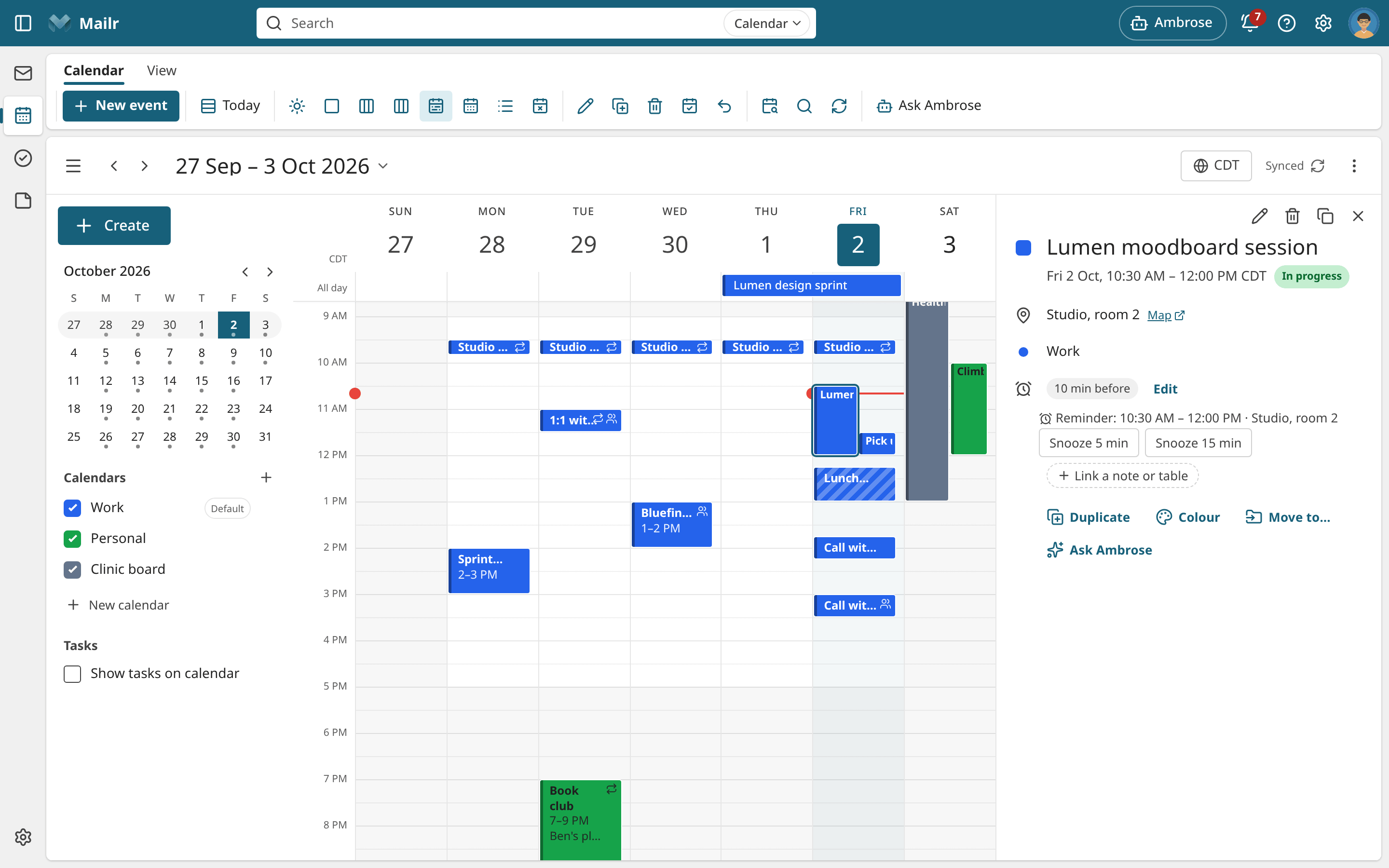 The calendar in the Workspace style, with event details in the reading pane