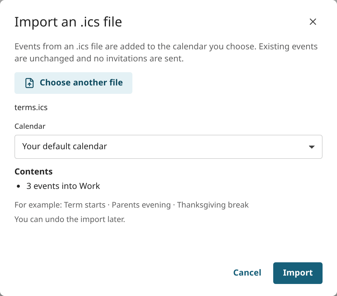 Importing an .ics file, with the counts before the import