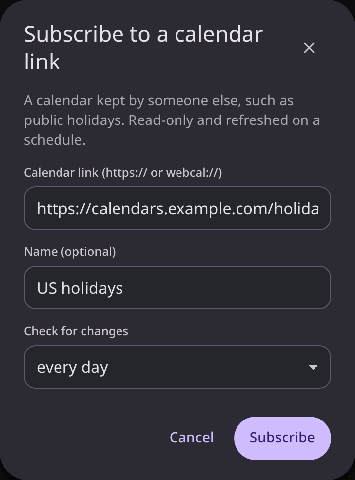 Subscribing to a holiday calendar