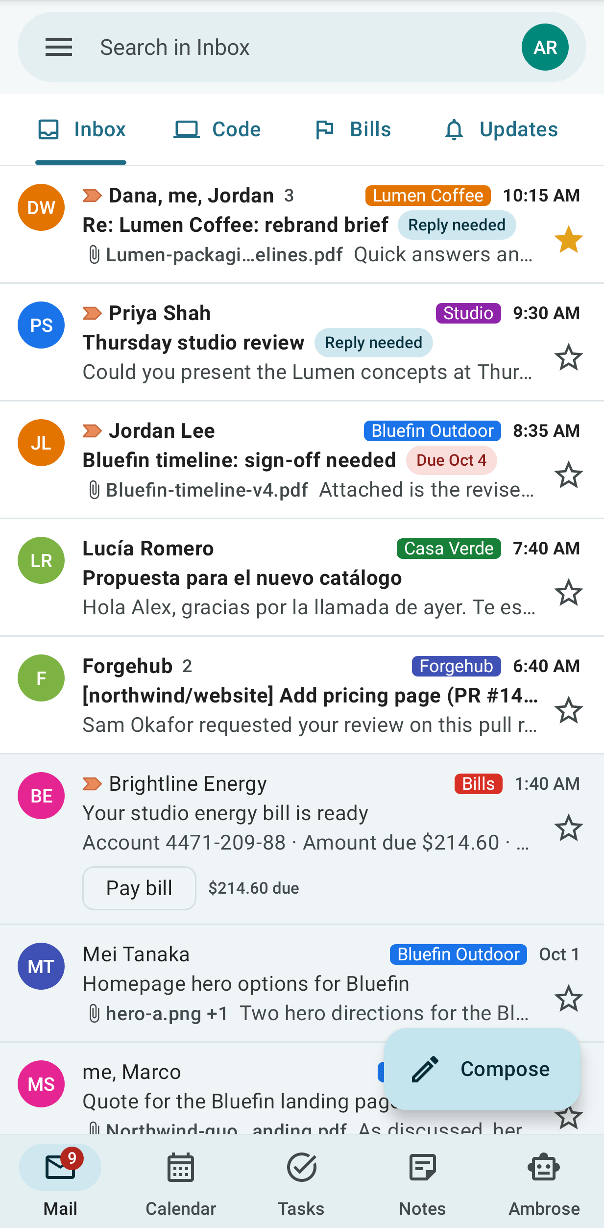 The Android app's inbox on a phone
