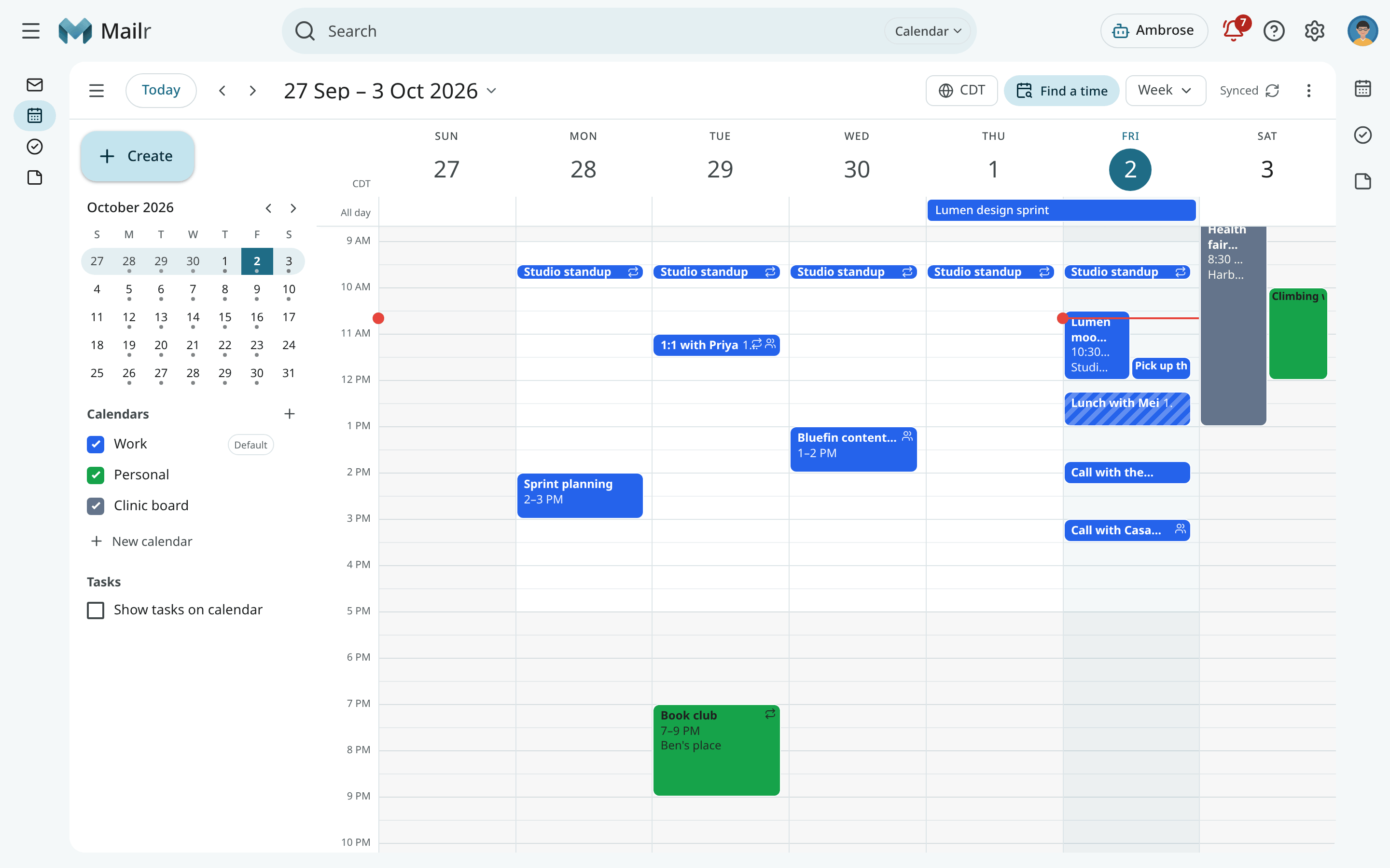 The calendar week view with events from three calendars