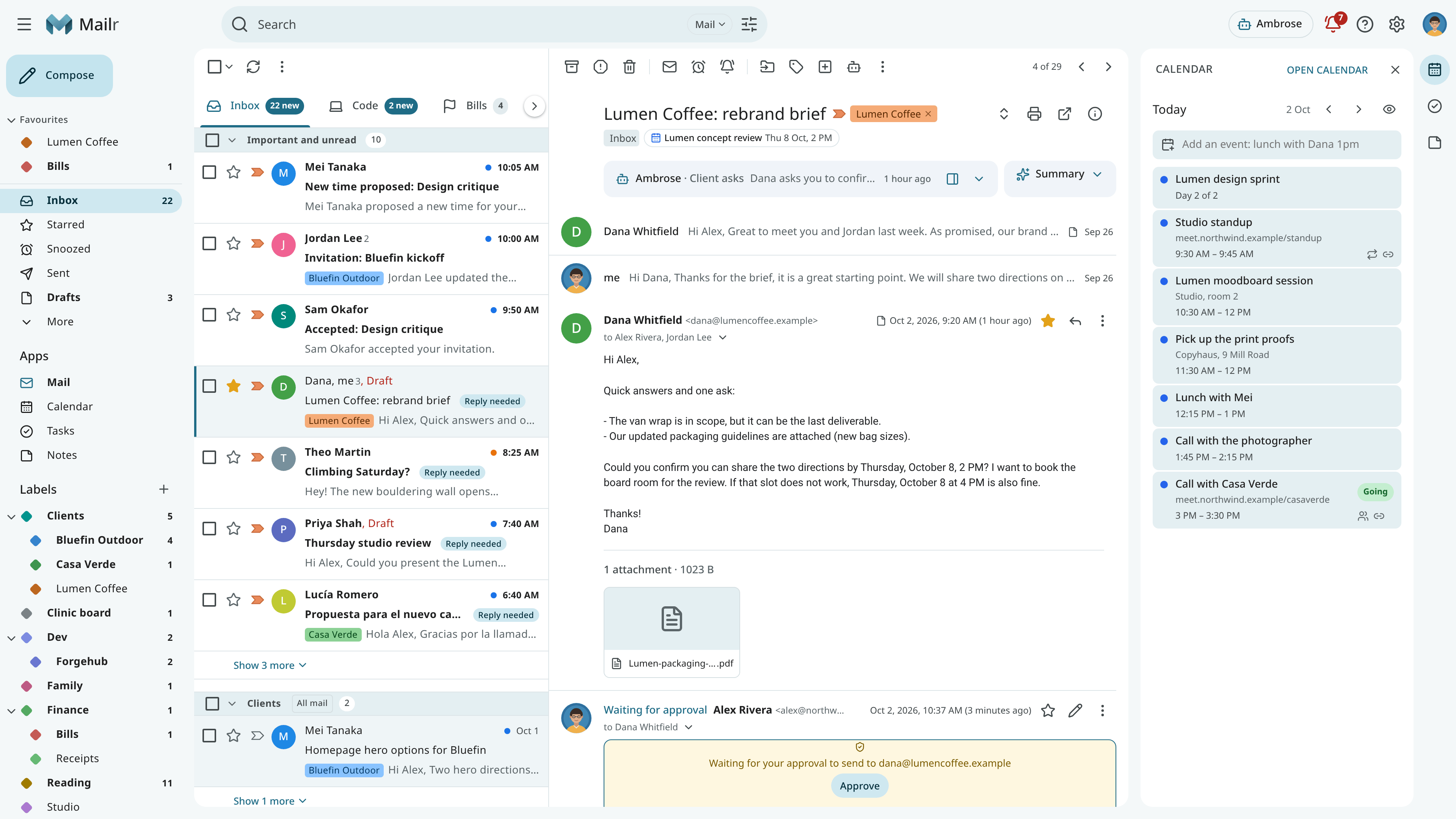 The Mailr inbox with the reading pane and the calendar side panel
