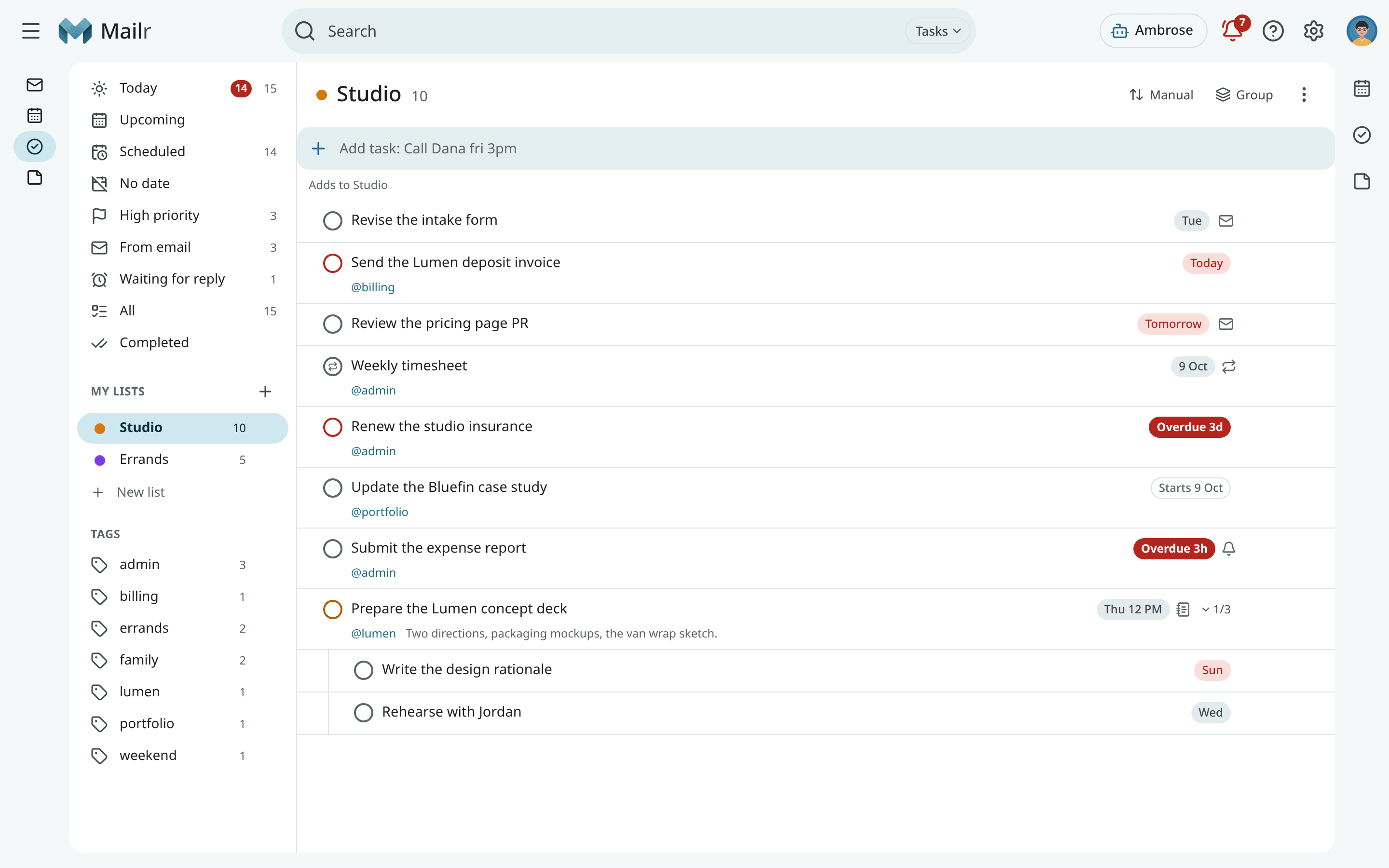 The Tasks app with lists, due dates and subtasks