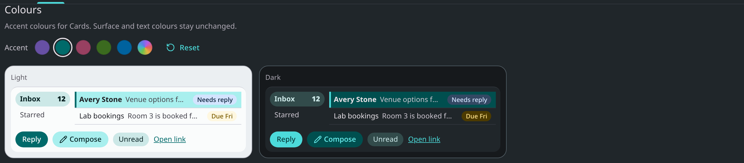 The Colours section in Cards, dark, with the teal preset