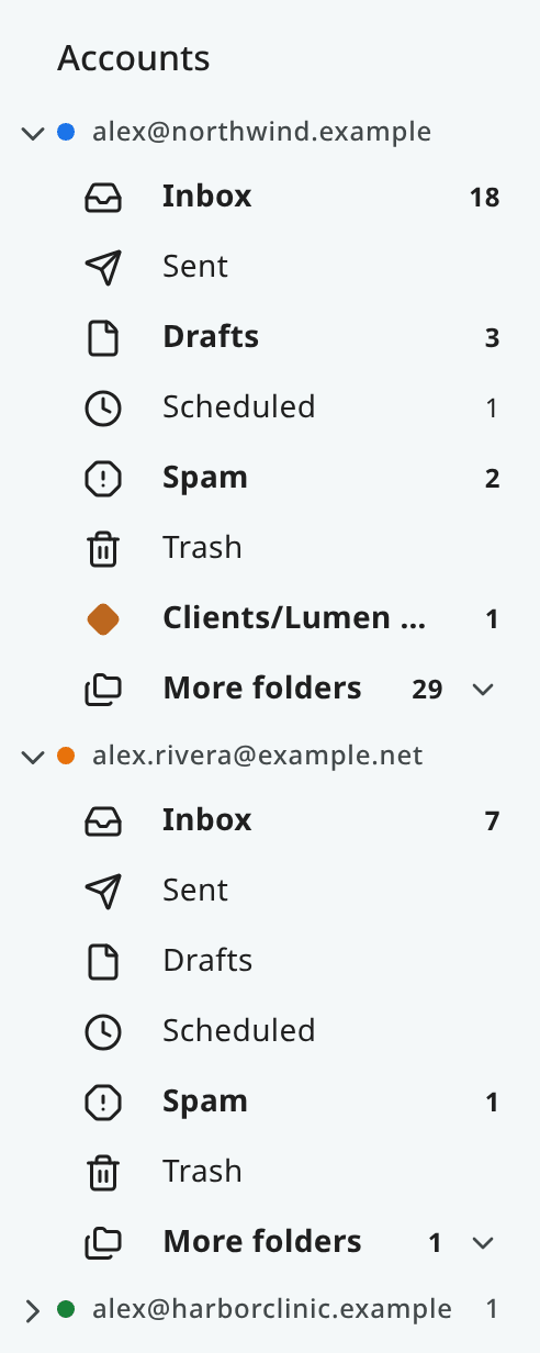Two accounts open in Classic: a pinned folder above More folders, which is closed