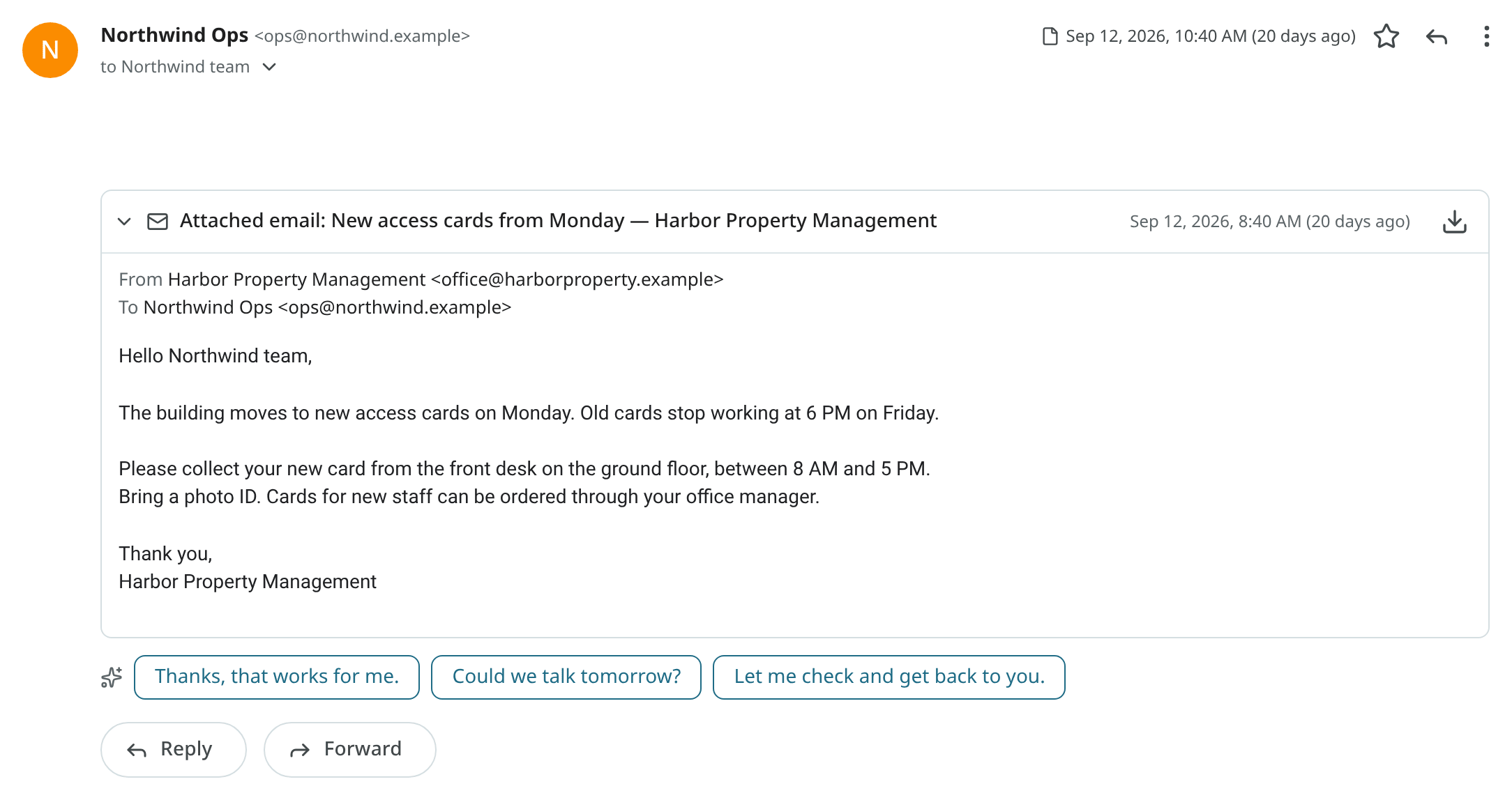 A message forwarded as an attachment, with the attached email open