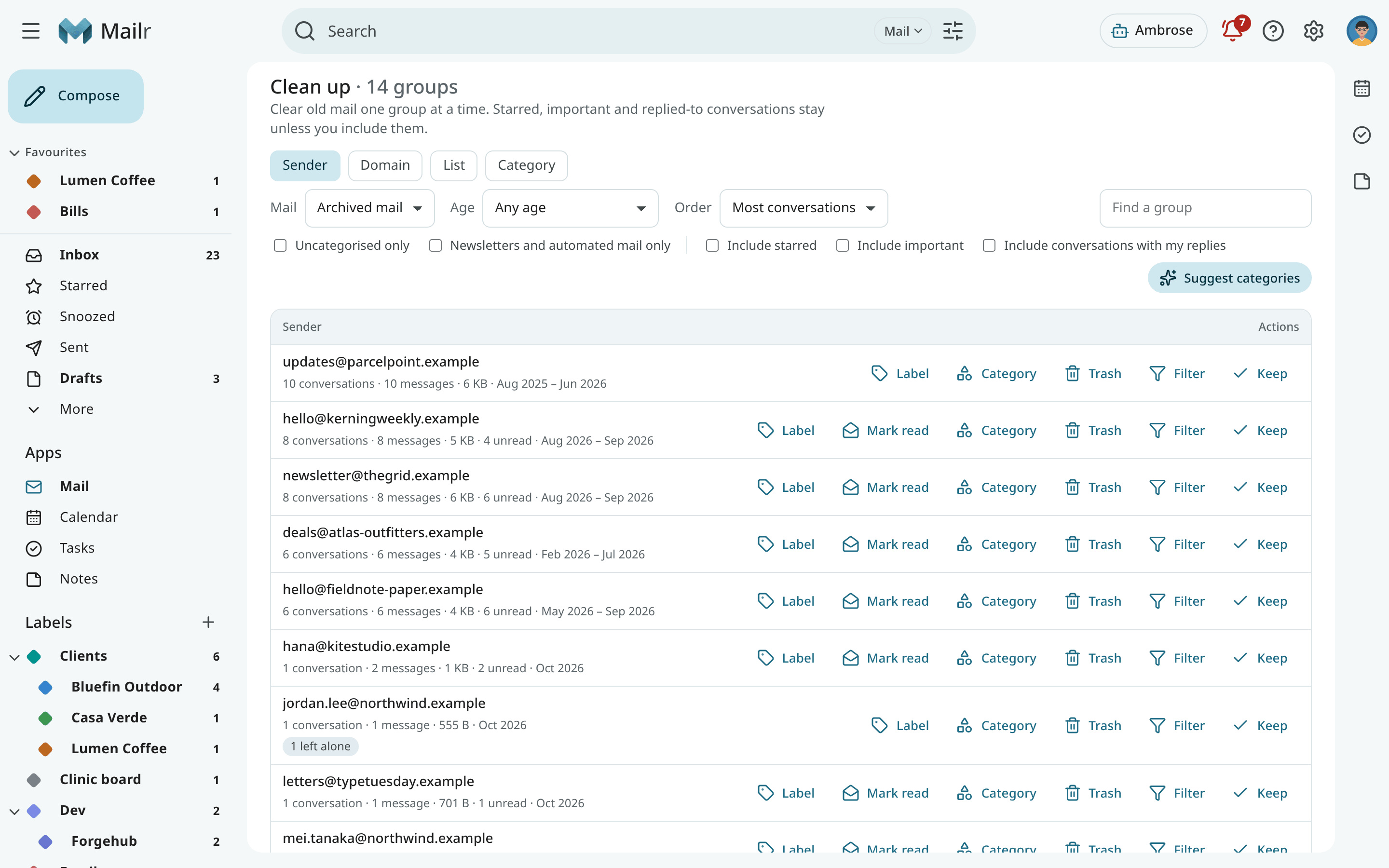 Mail → Clean up, grouped by sender