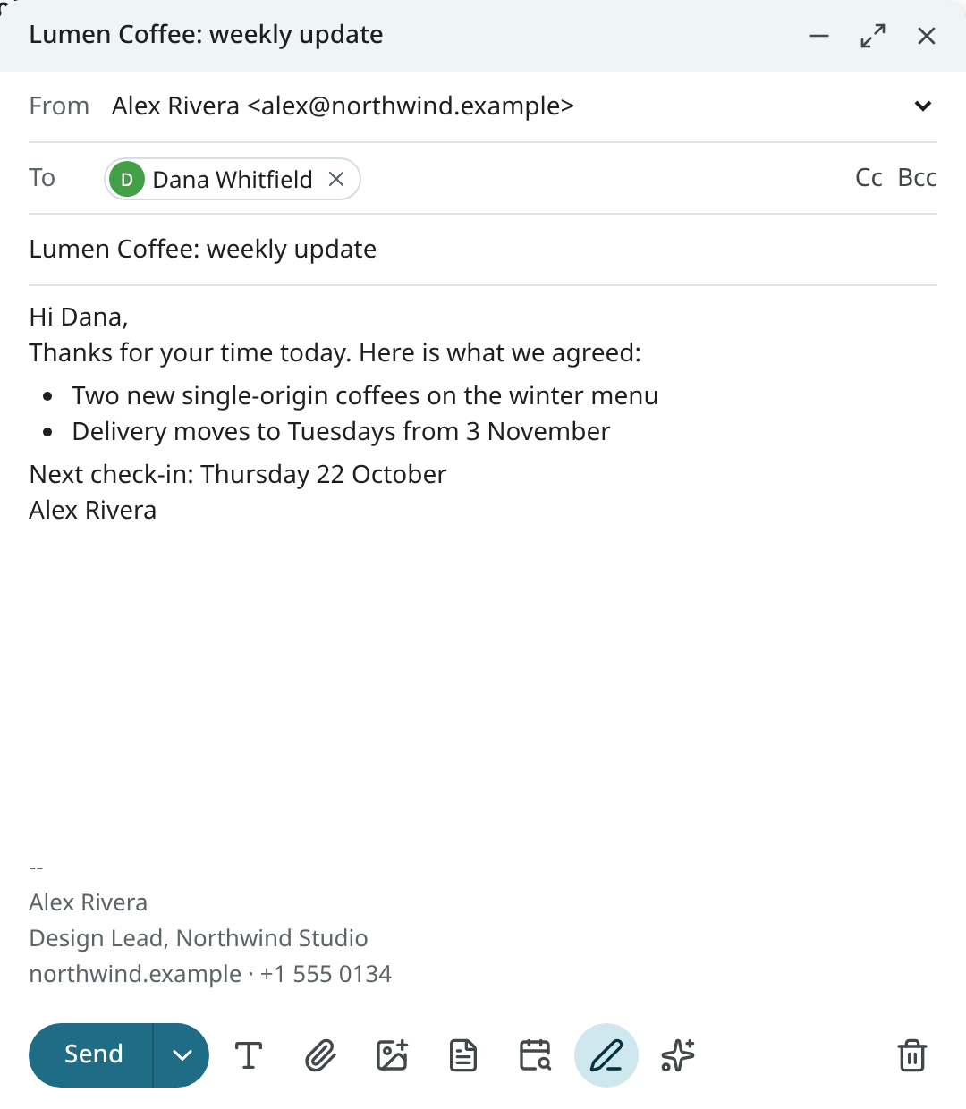 The compose window with a template inserted