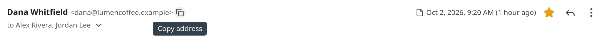 The copy button beside the sender's address, with its tip