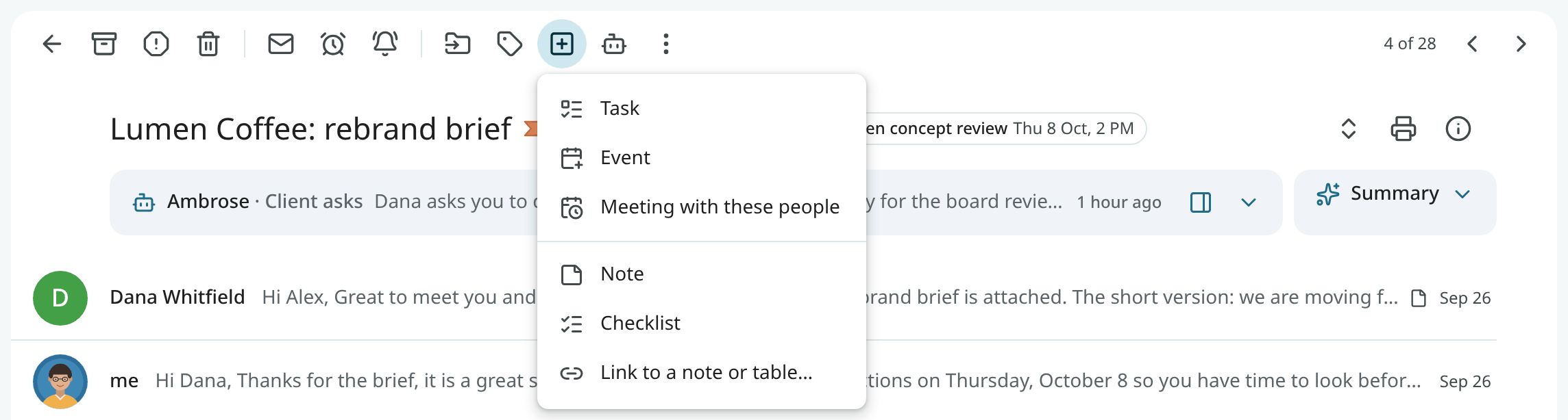 The Create from email menu in the reader's toolbar