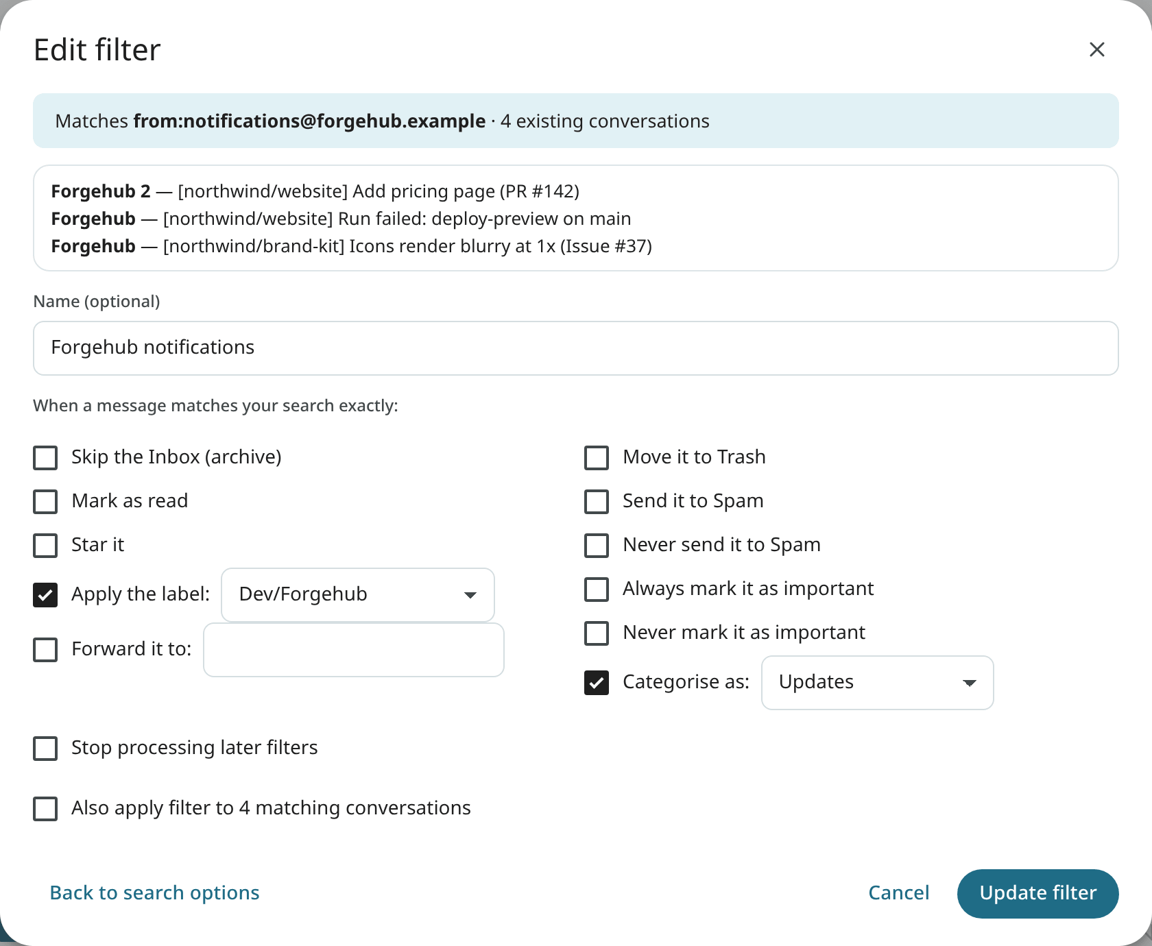 Creating a filter for Forgehub notifications