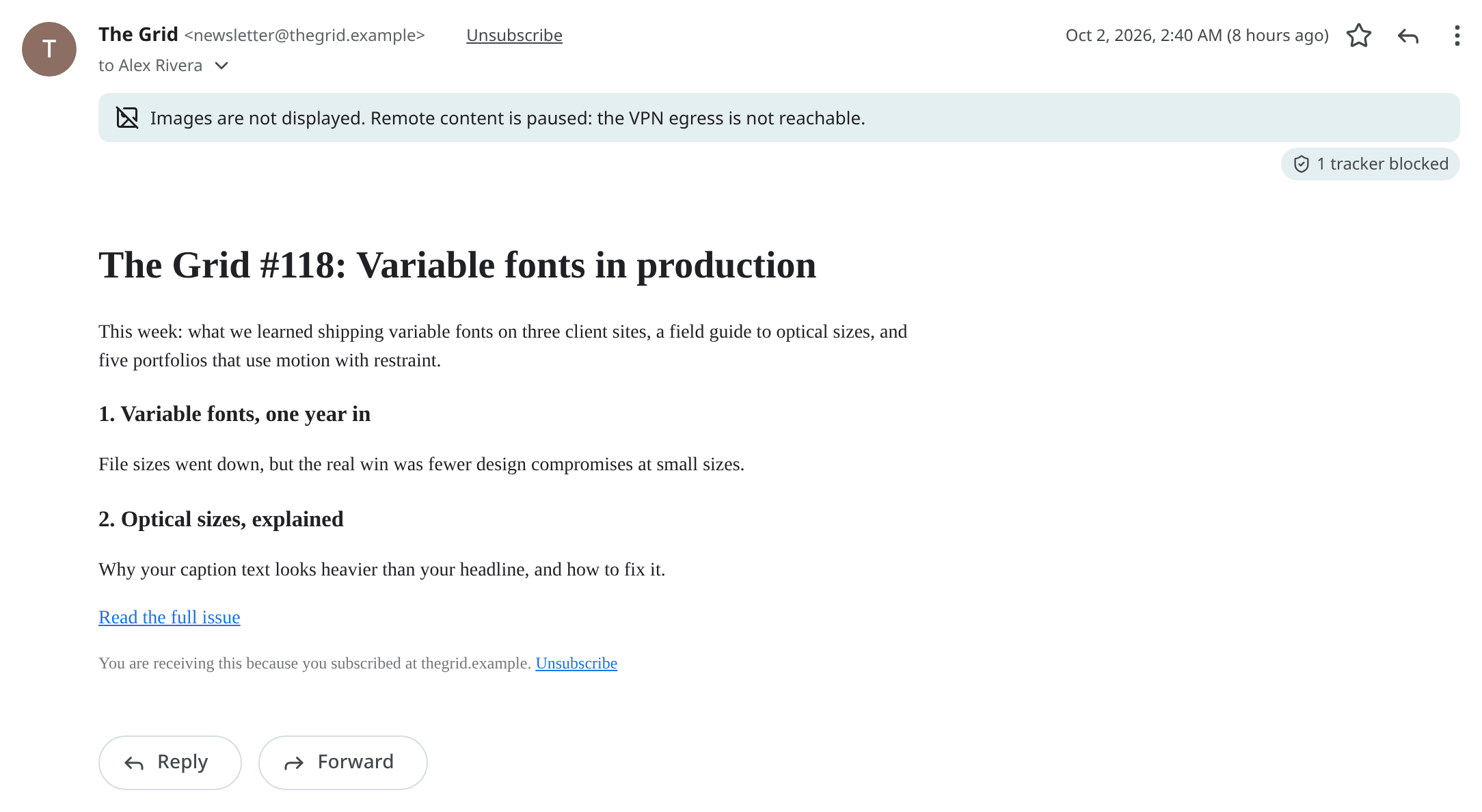 A newsletter with its images paused because the VPN egress is not reachable