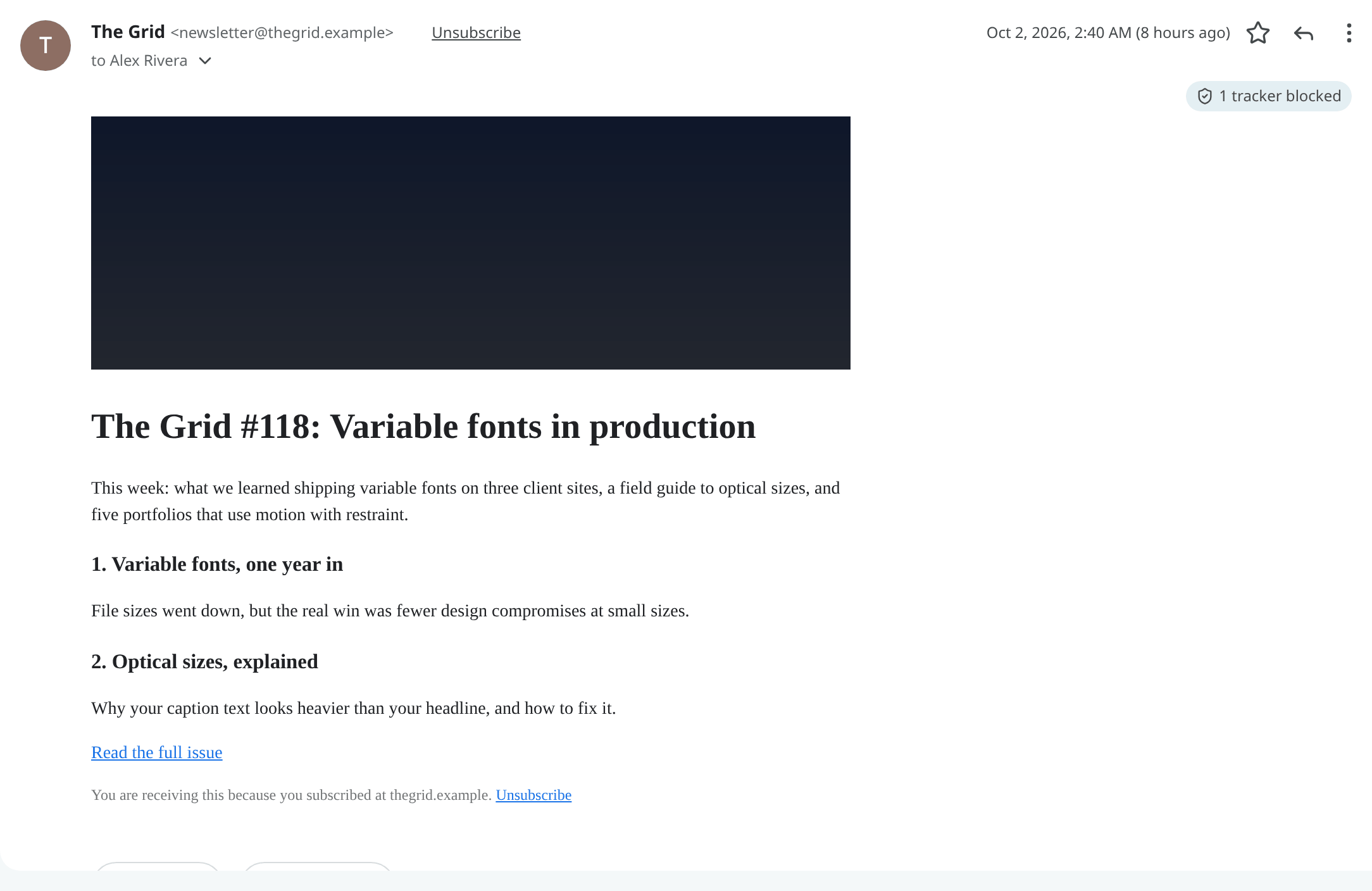 A newsletter with its images loaded and one tracker blocked