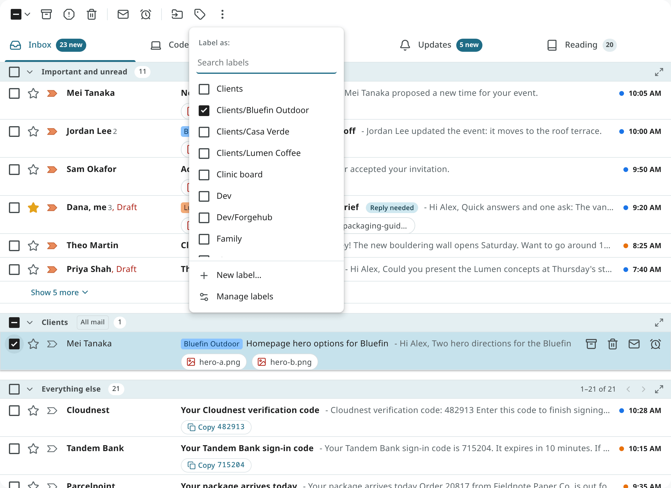 The Labels menu with nested client labels