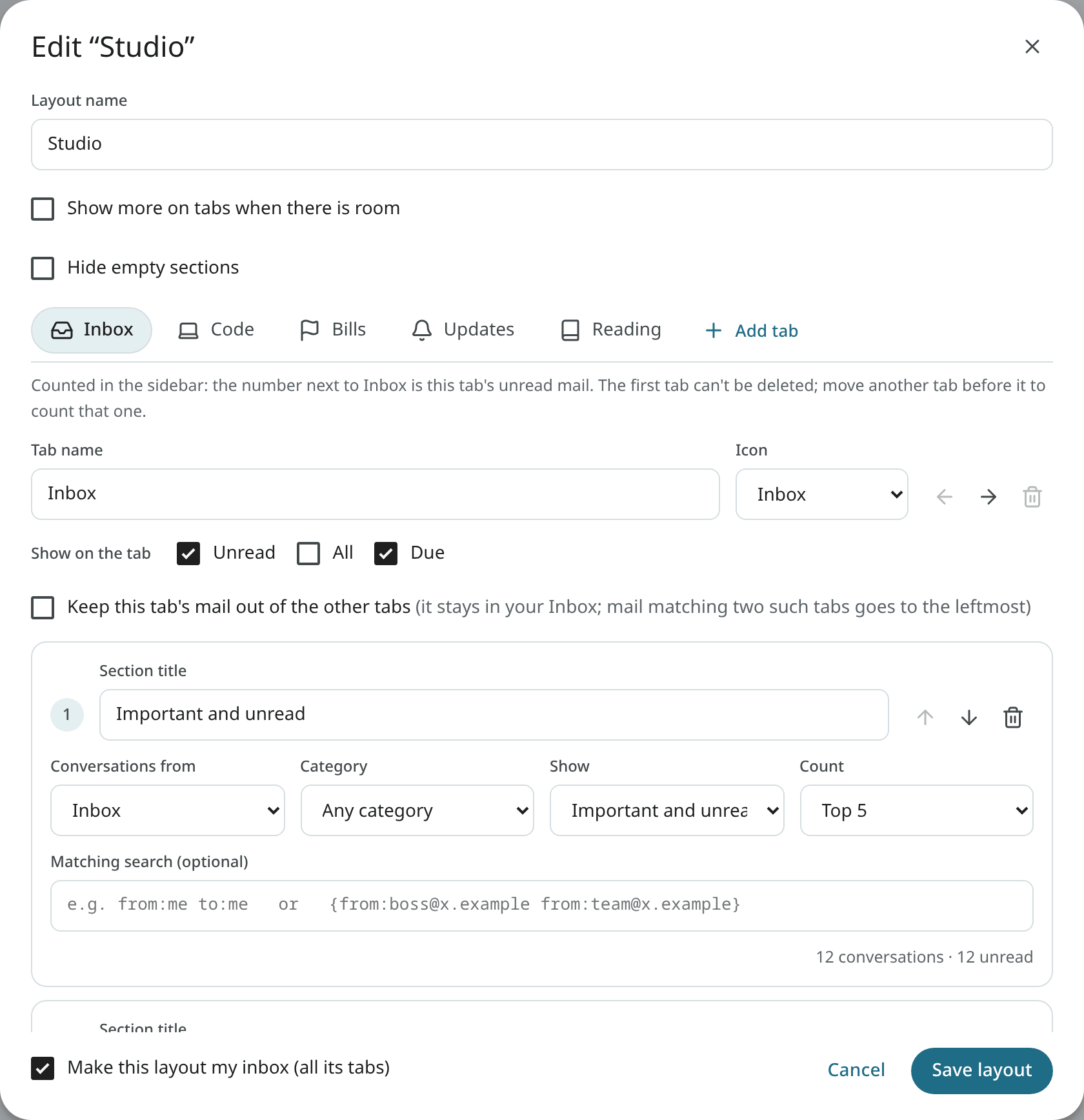 The layout editor with the first tab, Inbox, marked Counted in the sidebar