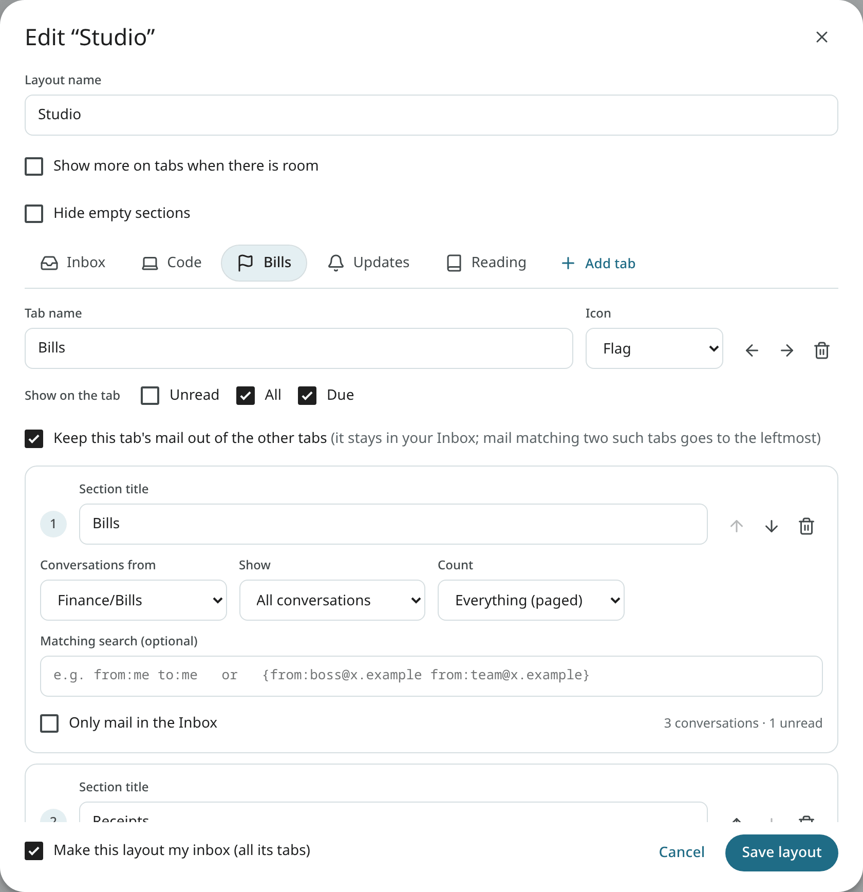 The layout editor with the Bills tab open