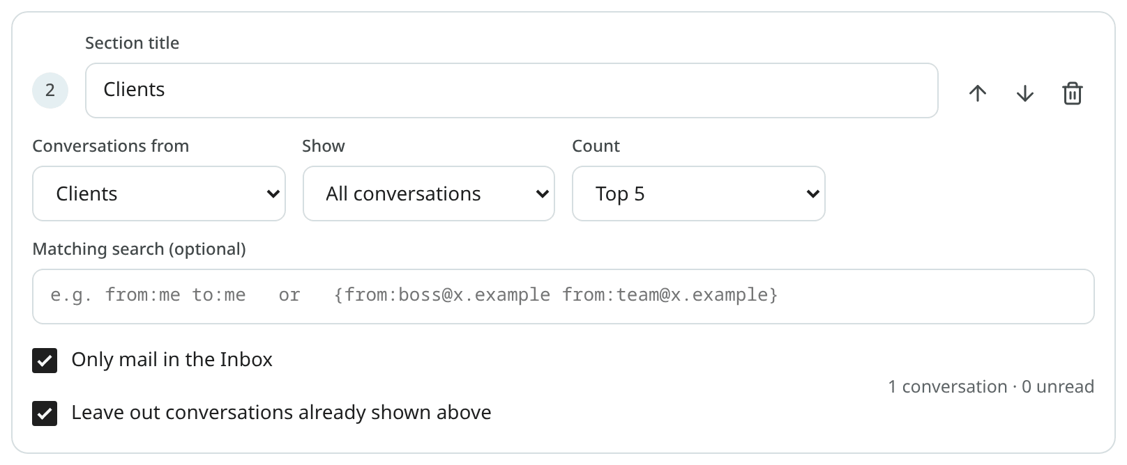 A label section in the layout editor with Only mail in the Inbox ticked