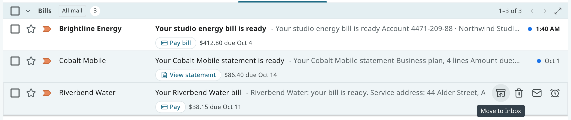An archived bill in the Bills tab offers Move to Inbox on its row