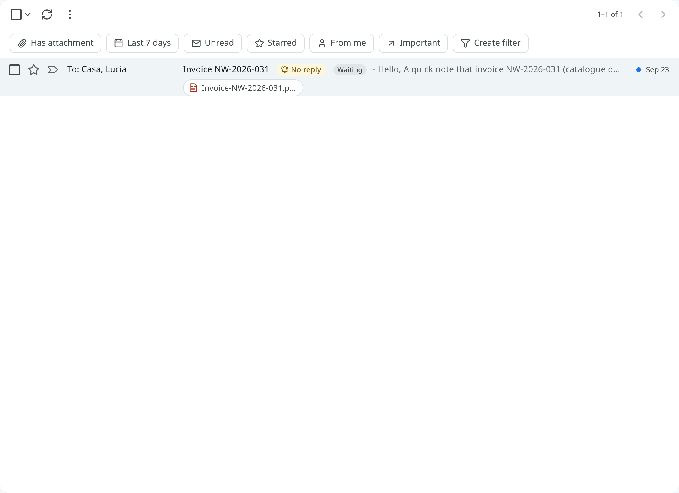 A conversation back in the Inbox with the No reply chip