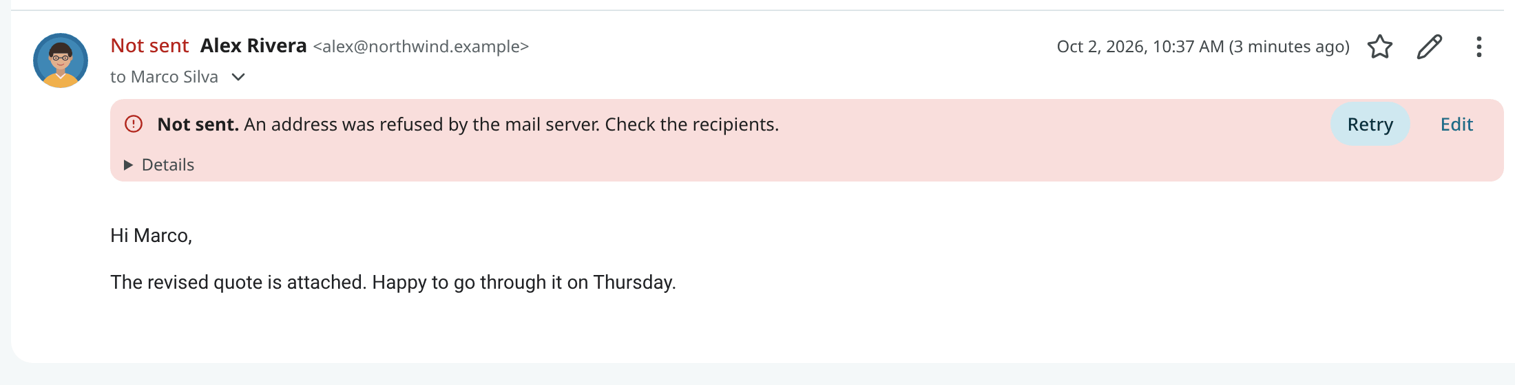 A reply in its conversation marked Not sent, with the reason, Retry, Edit and Details