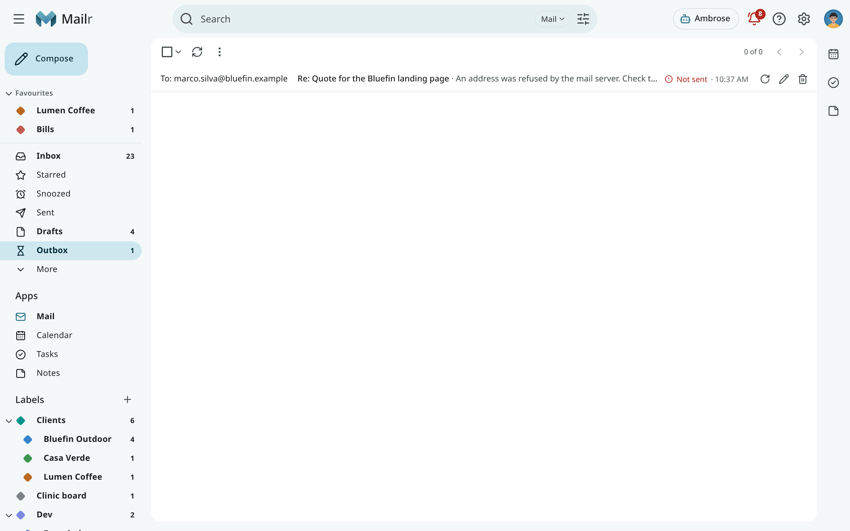 The Outbox, listed under Drafts while a message is not sent, with Retry, Edit and Discard