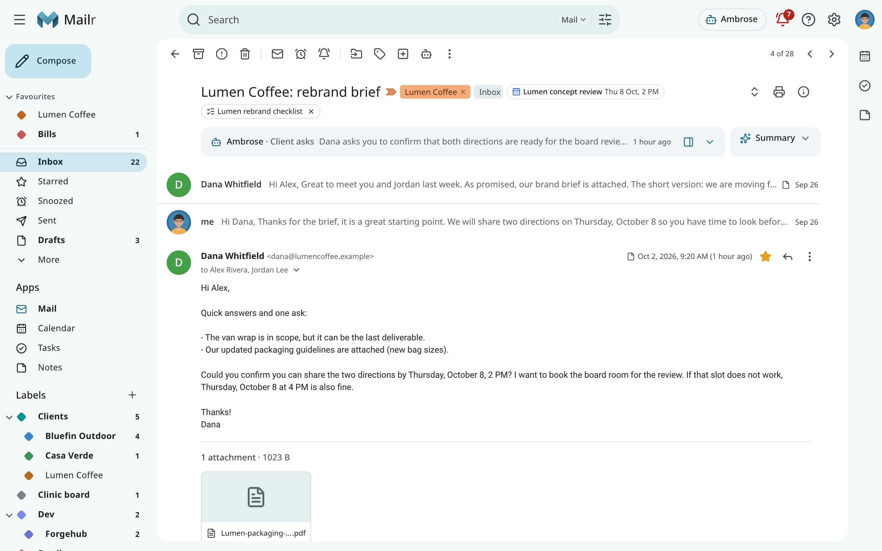 The subject line: the labels and the Due chip, then the linked event and a linked checklist