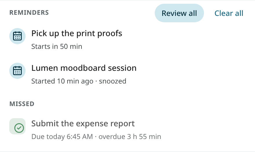 The bell's Reminders section with Clear all